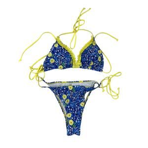Unknown Brand - Triangle Halter Bikini Top & Tie Side Bottoms in Blue & Yellow